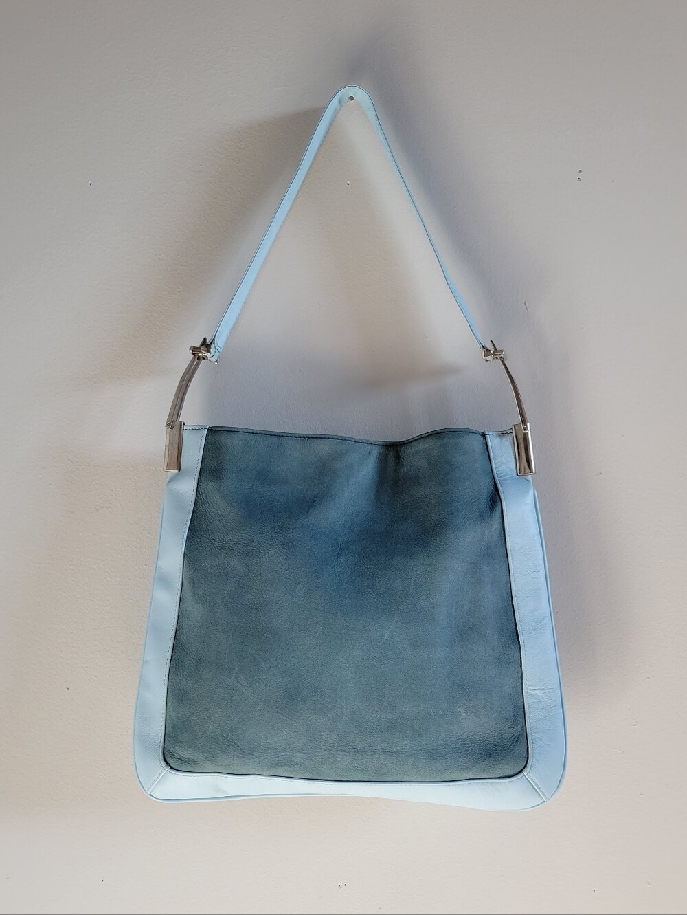 Vintage FRIMA Italian Shoulder Bag Y2K Suede Teal & Sky Blue Leather